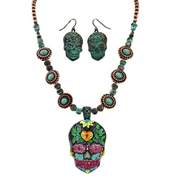 Ginga's Galleria Jewelry - Sugar Skull Patina Burnish Multi-Color Necklace